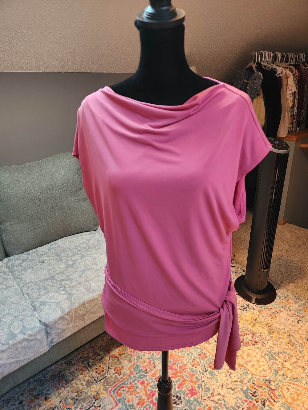 Montgomery Post Stitch Fix Drape Neck pink waist tie detail top medium chic